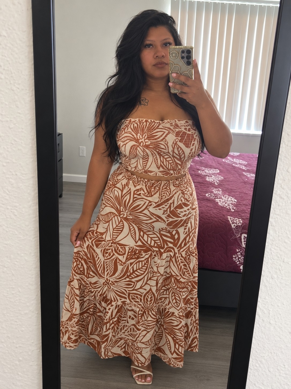 Club Z Collection Boho Tropical 2-Piece Maxi Skirt Set Brown Cream